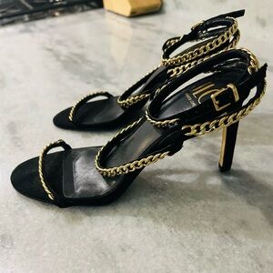 J Lopez 6.5 Black Heels with Gold Chain Detail, wrap around ankle. Never worn